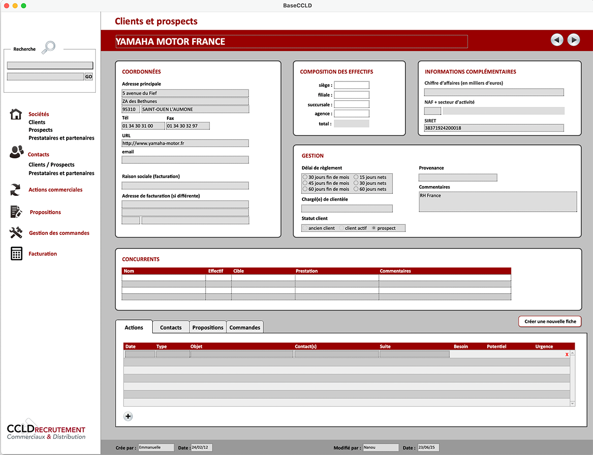 CRM page client CRM page client – interface graphique base de données, création web Elem’Com, portfolio web