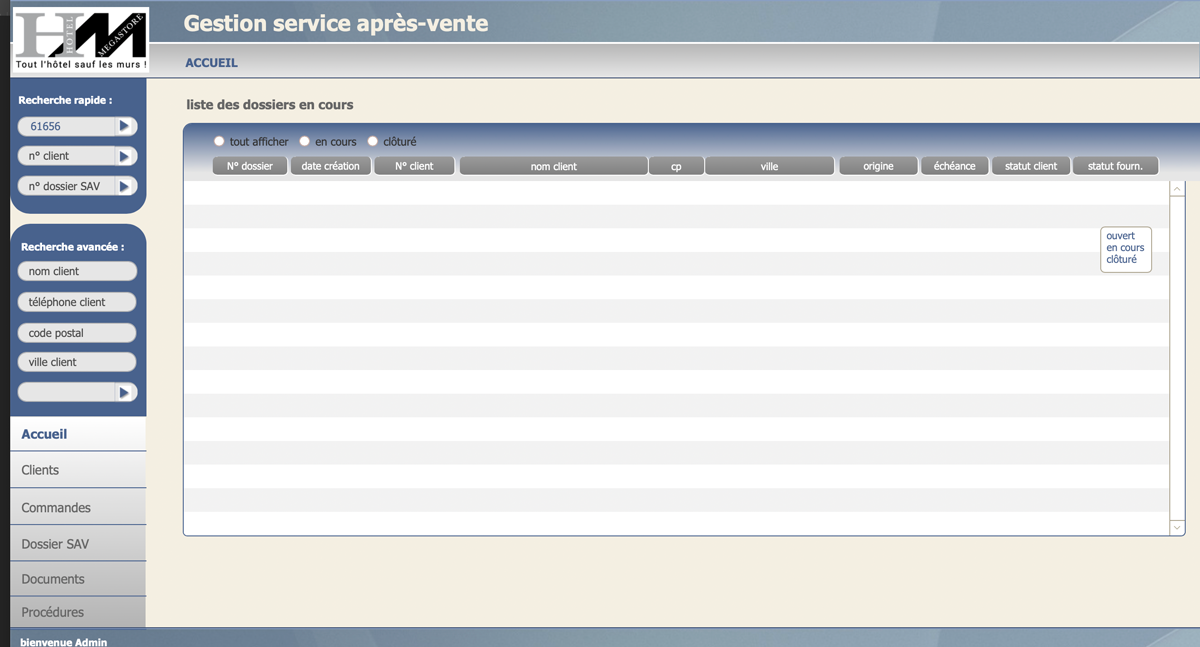 Module SAV page d'accueil Module SAV page d'accueil – Réalisation d'un outil interne de gestion du SAV pour la société Hotel Megastore
