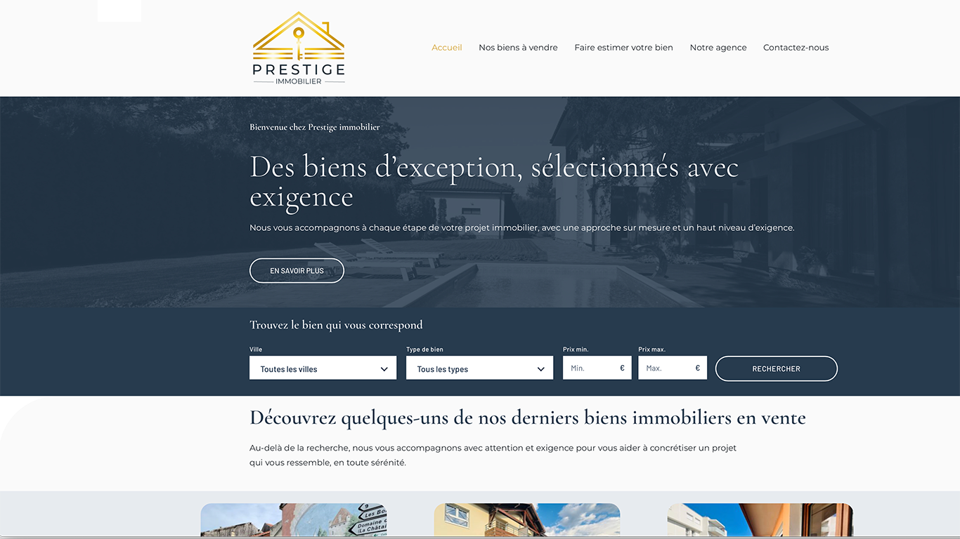 Site Prestige Immobilier — Page d'accueil Page d'accueil du site Prestige Immobilier présentant les biens immobiliers mis en avant, les services de l'agence et un design haut de gamme réalisé sous WordPress