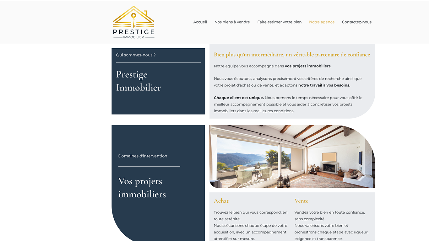 Site Prestige Immobilier — Page agence Page de présentation de l'agence Prestige Immobilier avec informations sur l'équipe, les services proposés et les coordonnées de contact.