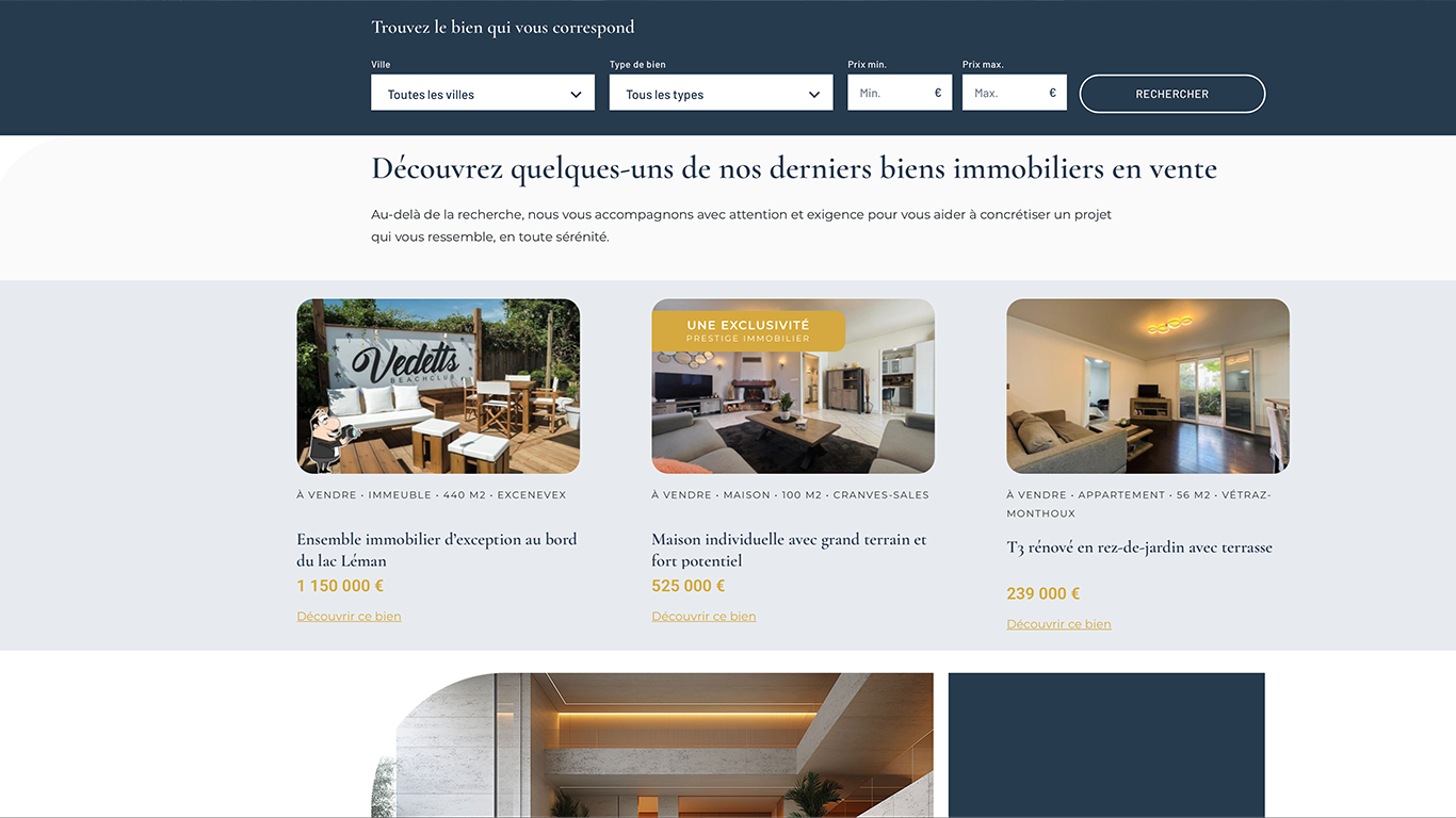 Site Prestige Immobilier — Page biens Page de présentation des biens immobiliers du site Prestige Immobilier avec système de recherche, filtres et fiches détaillées des propriétés