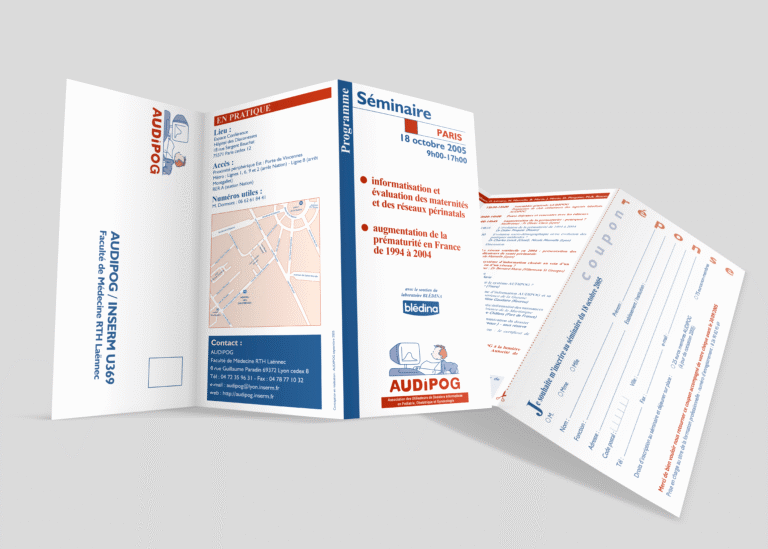 Création d'un dépliant sur 3 volets et coupon réponse détaillant le programme du séminaire audipog à paris — création graphique réalisée par emmanuelle lemaire