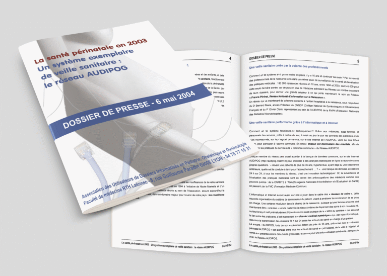 Réalisation (écriture et mise en page) et suivi d'impression du dossier de presse audipog destiné aux journalistes conviés à la conférence de presse organisée lors du séminaire france-périnat — création graphique réalisée par emmanuelle lemaire