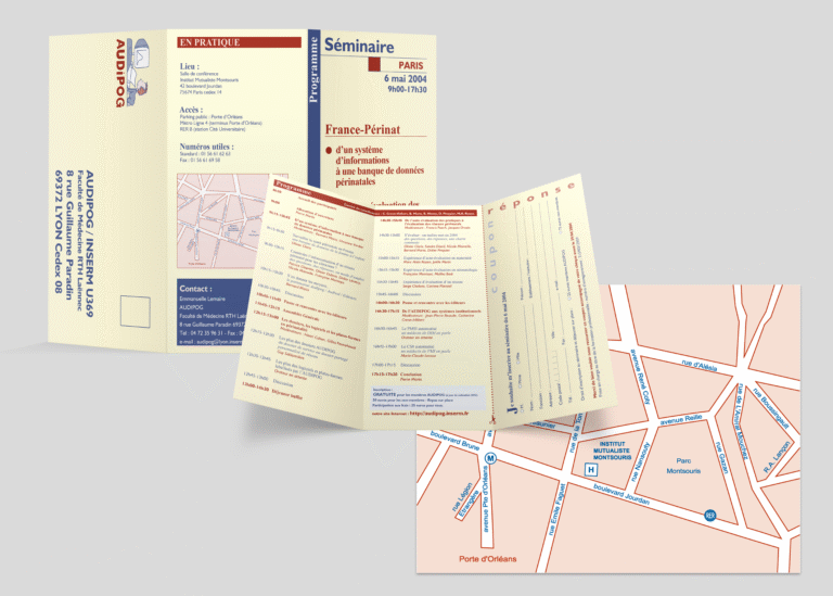 Création et suivi de fabrication du dépliant sur 3 volets détaillant le programme du séminaire france-périnat ainsi que le plan d'accès — création graphique réalisée par emmanuelle lemaire