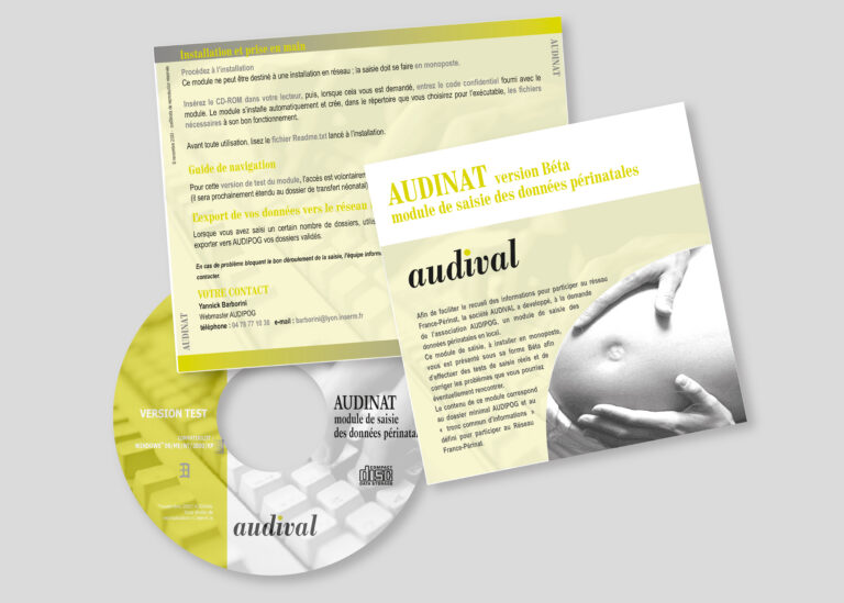 Création de la jaquette et de l'étiquette CD pour le module audinat permettant la saisie des données périnatales en local — création graphique réalisée par emmanuelle lemaire