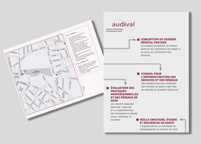 Affiche a3 de présentation  de la société audival et plan d'accès — création graphique réalisée par emmanuelle lemaire