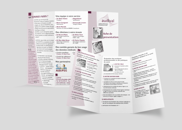 Création et suivi d'impression d'un dépliant 3 volets synthétisant l’activité de la société audival et destiné au service commercial — création graphique réalisée par emmanuelle lemaire