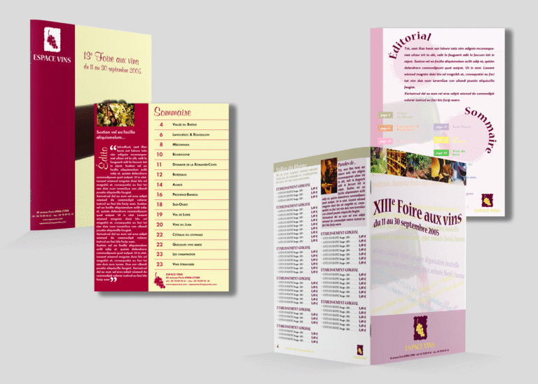 Propositions de maquettes (couverture, sommaire et pages intérieures) pour un dépliant promotionnel distribué à l’occasion de la 13e foire aux vins — création graphique réalisée par emmanuelle lemaire