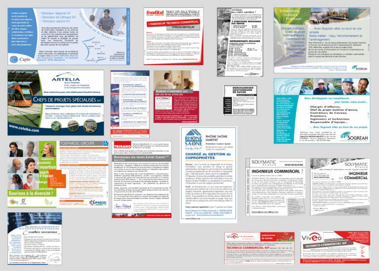 Mise en page d’annonces de recrutement pour différents médias et clients pour une agence de communication rh — création graphique réalisée par emmanuelle lemaire