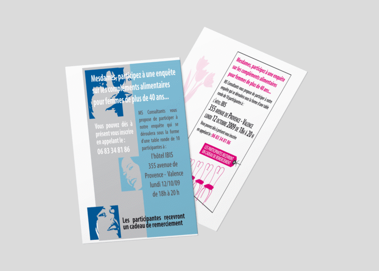 Propositions de flyers pour une enquête d’opinion sur les compléments alimentaires réalisée par ms consultants — création graphique réalisée par emmanuelle lemaire