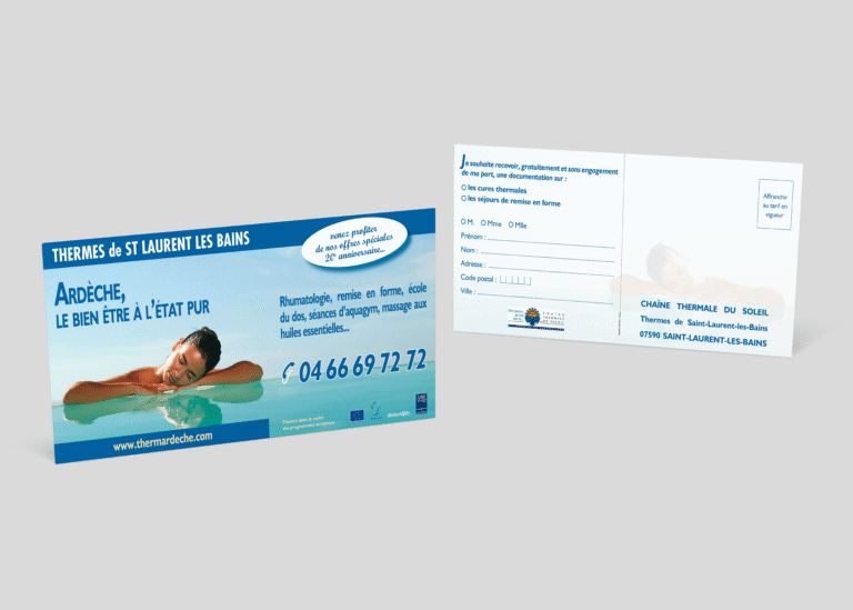 Carte postale publicitaire envoyé aux prospects pour les thermes de saint-laurent-les-bains — création graphique réalisée par emmanuelle lemaire