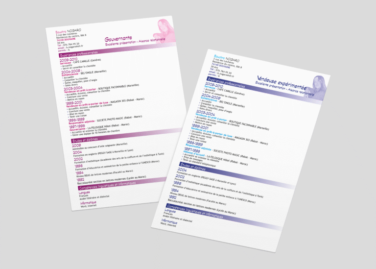 Déclinaison de cv en différentes couleurs — création graphique réalisée par emmanuelle lemaire