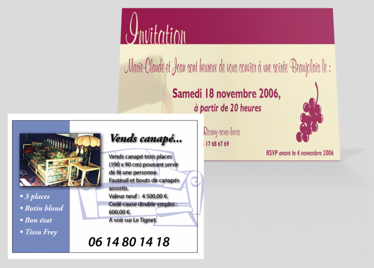 Invitation pour une soirée privée et mise en page de petite annonce — création graphique réalisée par emmanuelle lemaire