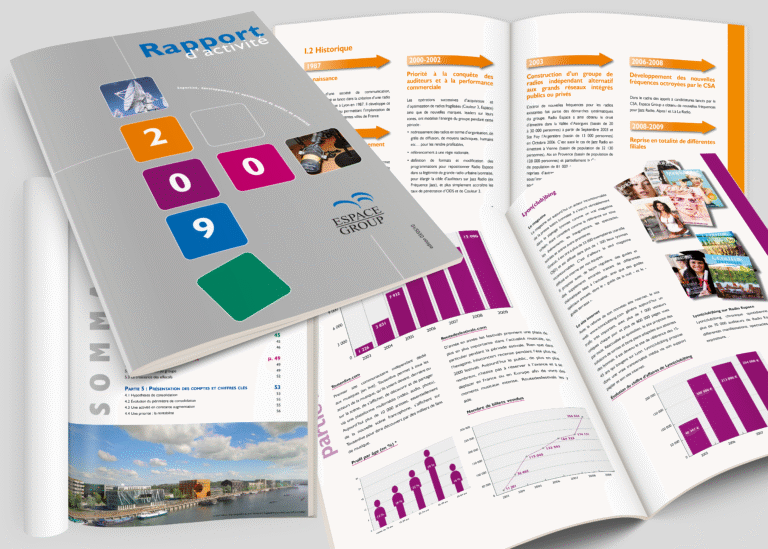 Mise en page du rapport d’activité espace group (collecte des informations, recherche iconographique, rédaction des textes, relecture et corrections, mise en page et suivi de fabrication) — création graphique réalisée par emmanuelle lemaire