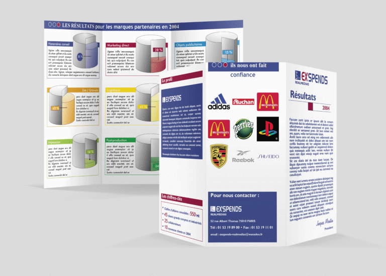Maquette d’un dépliant 3 volets présentant l’activité de la société ex'spends et les résultats par branche sous forme de graphiques 3d — création graphique réalisée par emmanuelle lemaire
