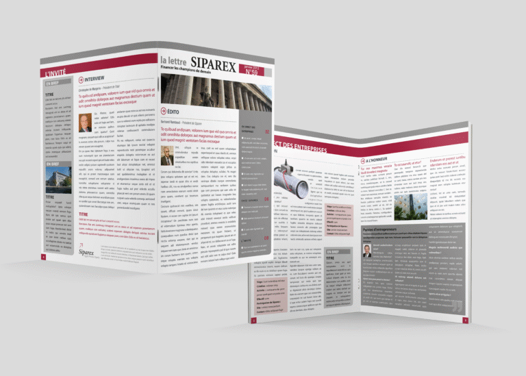 Maquette de la lettre d’information périodique présentant les actualités du groupe siparex (vie du portefeuille, interviews de décideurs, analyses...) — création graphique réalisée par emmanuelle lemaire