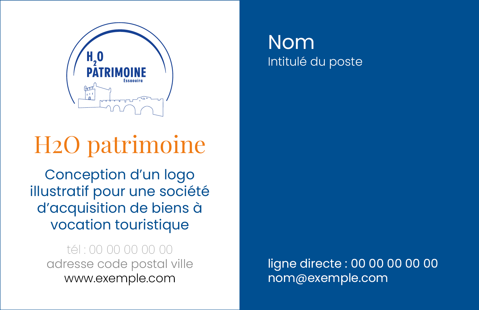 Logo H2O Patrimoine – identité visuelle créée pour une société d’acquisition de biens à vocation touristique à Essaouira (Maroc)
